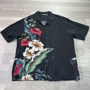 Iolani Shirt Mens Large Black Floral Hawaiian Short‎ Sleeve Button Up Casual